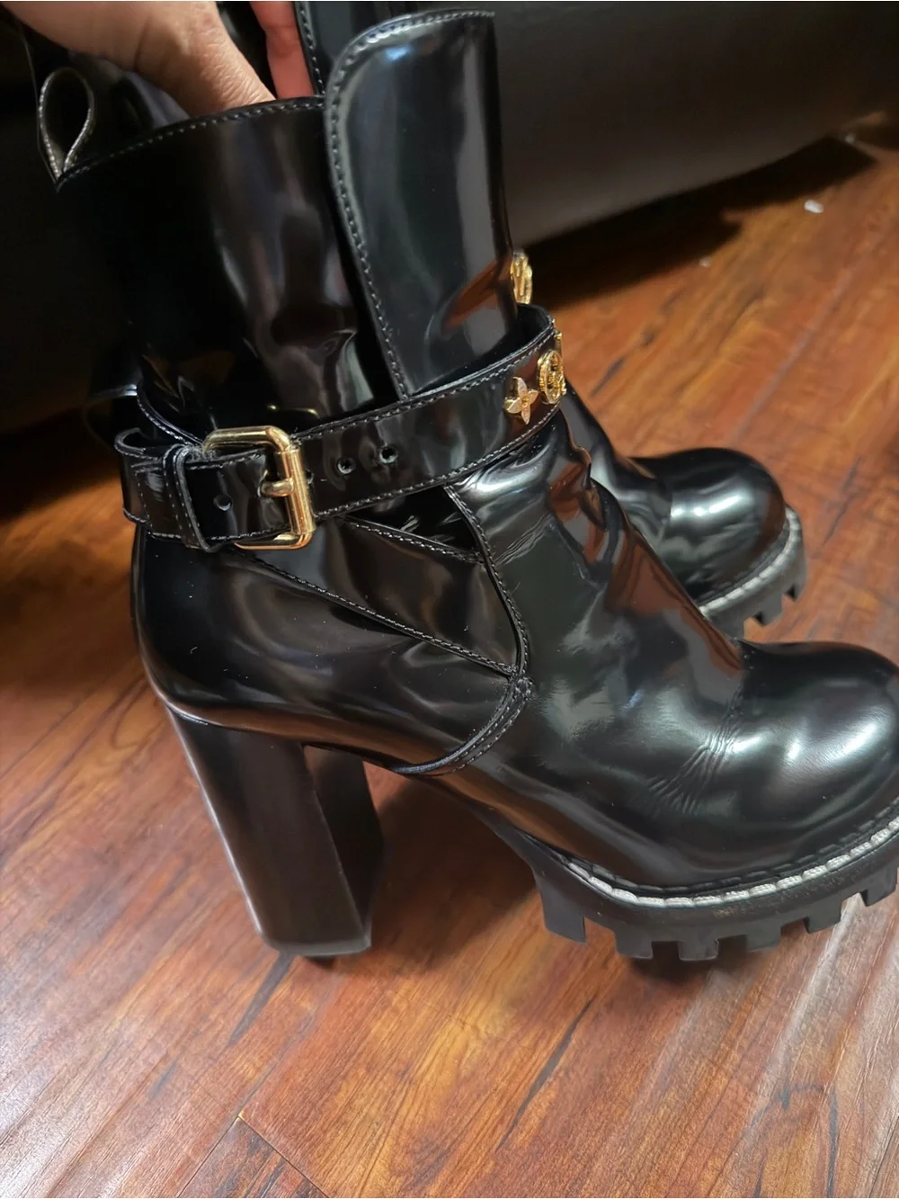 Louis Vuitton Black Patent Leather Ankle Boots with Gold Logo Strap